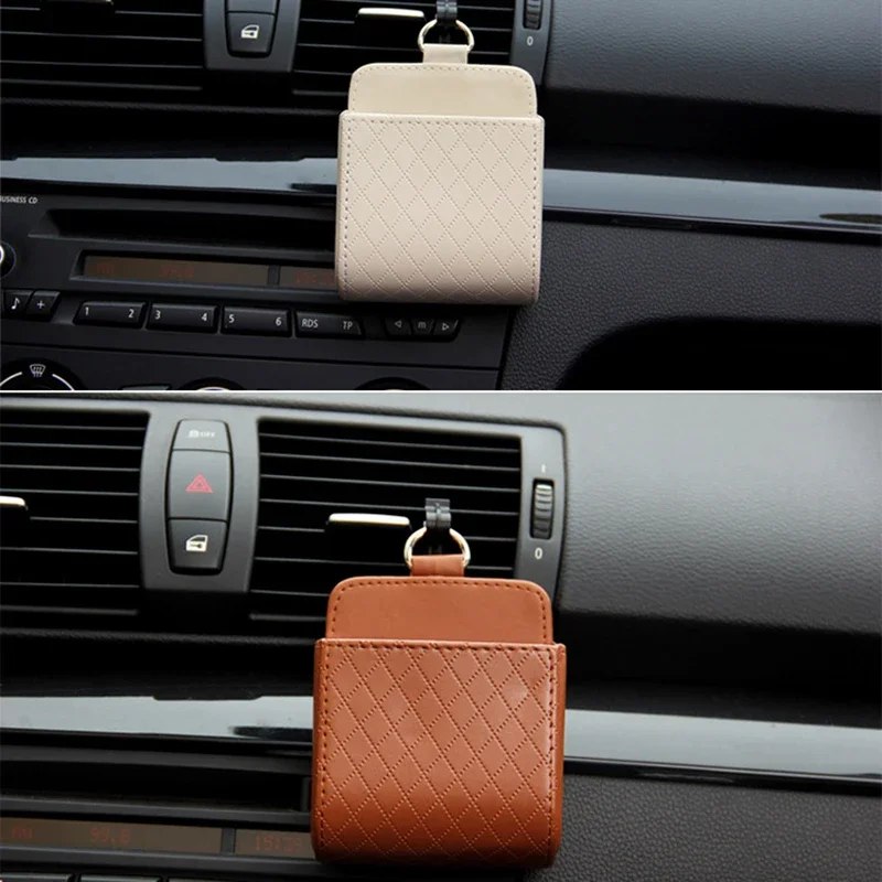 Car Storage Bag Air Vent Dashboard Tidy Hanging Leather Organizer Box Glasses Phone Holder Storage Organizer Car Accessories