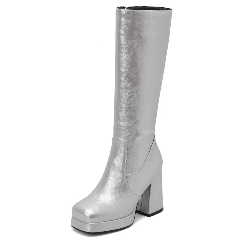 Elegant Knee High Boots Female Shoes Autumn Winter Women\'s High Boot Silver Red Zipper Long Party Shoes Ladies Large Size 45