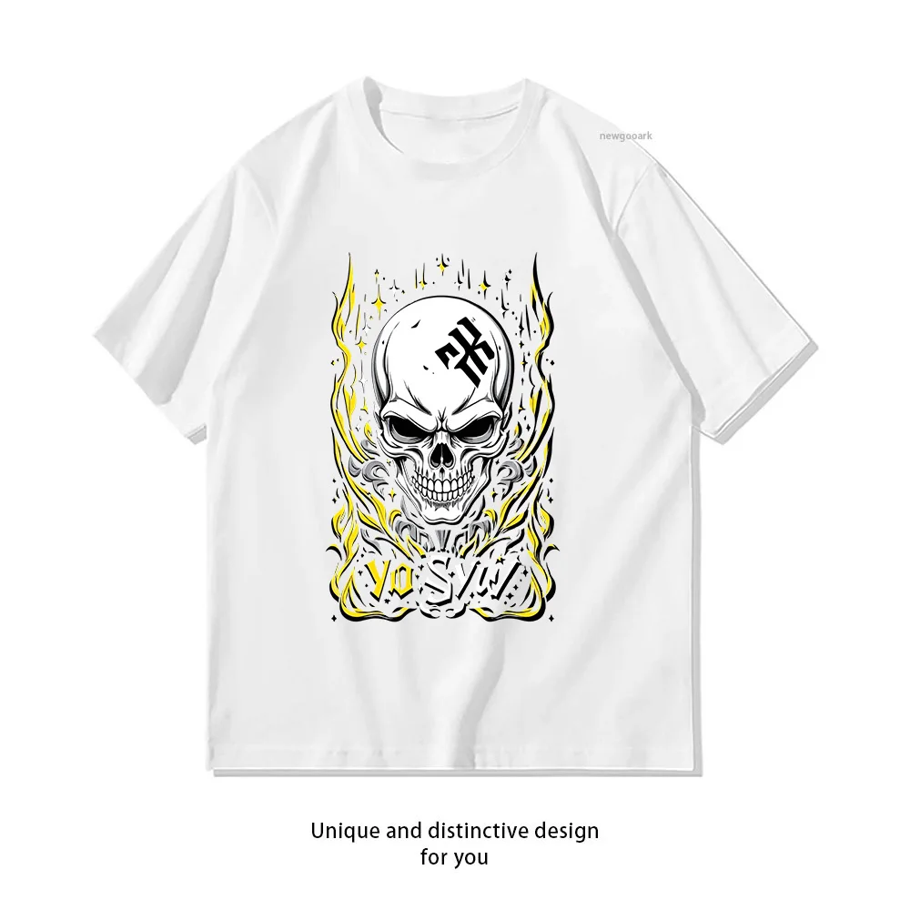 Skull Flames Gothic Design T-Shirt Print  Casual Cotton Short Sleeve Tee for Men Women