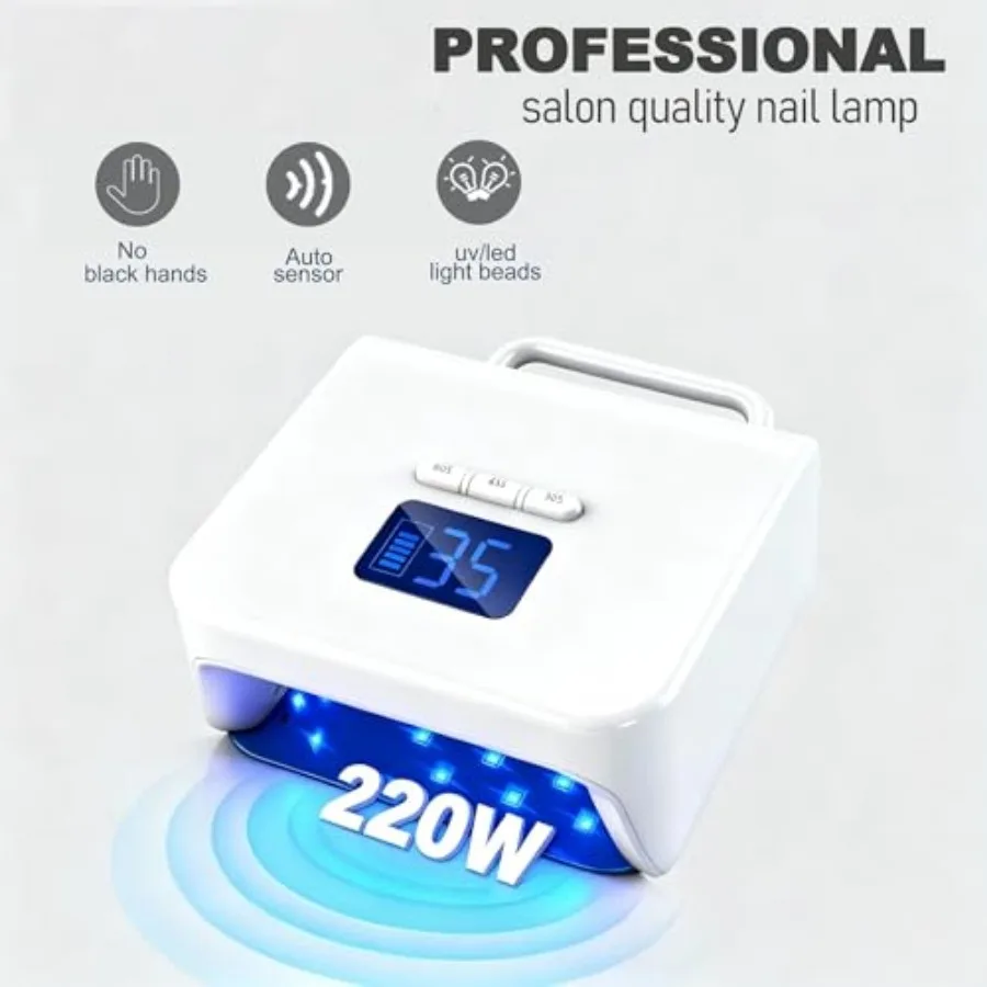 UV Nail Lamp Cordless, 220W UV Light for Gel Nails, Rechargeable Professional LED Nail Lamp with 48 Beads and Touch Display, Ge