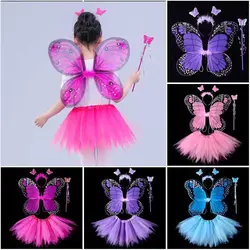 Adult Kids 3/4Pcs Fairy Costume Set Simulation Butterfly Wings Pointed Skirt Wand Princess Girls Party Dress Up Halloween Gift