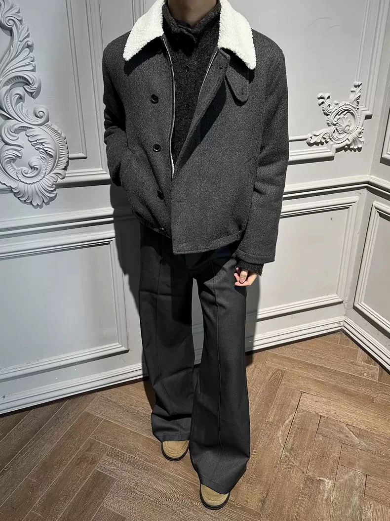 

Men's Casual Cotton Jaet Lamb Fur Collar Stand Collar Warm Autumn Winter Outerwear Cleanfit Sle Long Sve Button Closure