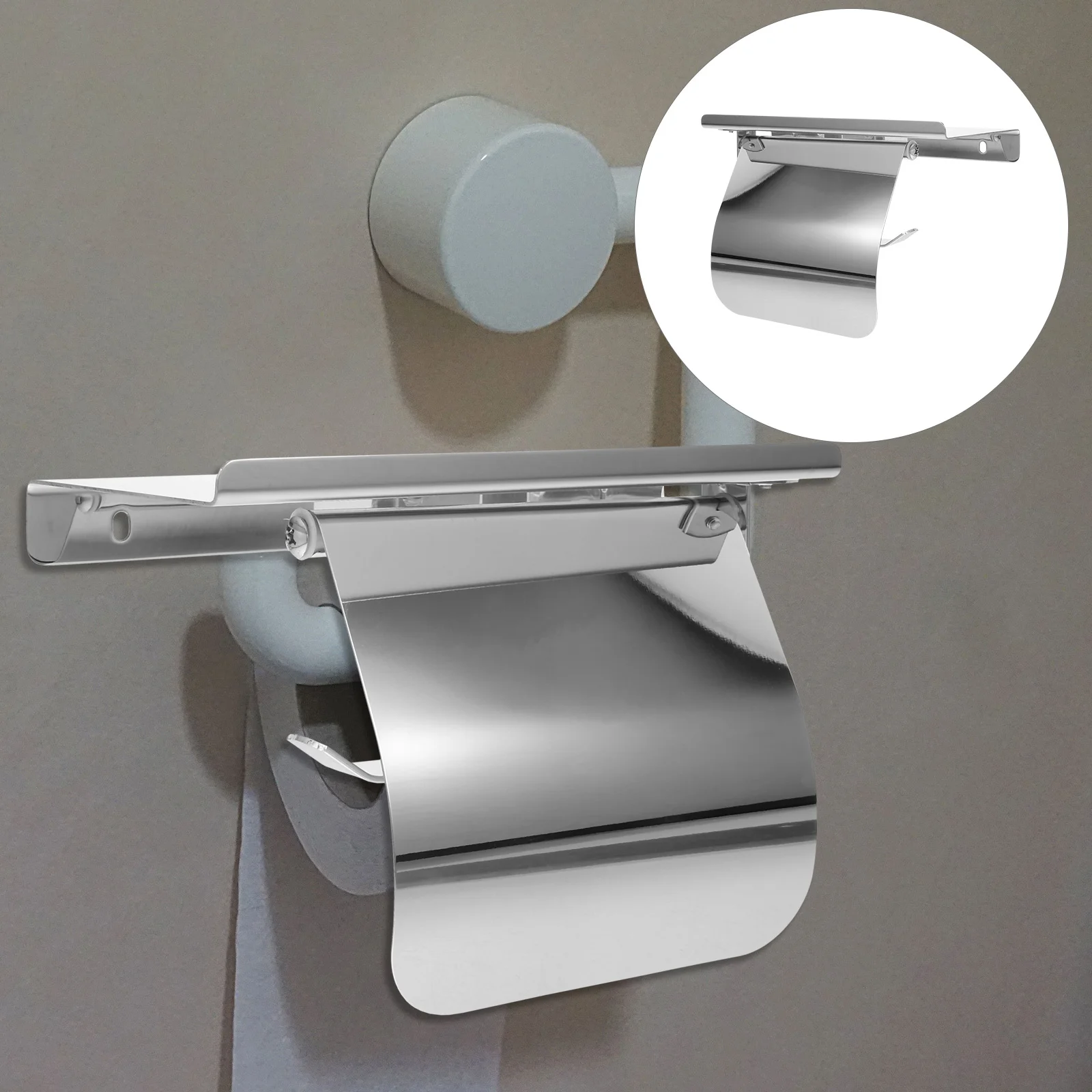 

1Set Bathroom Sundries Holder Stainless Steel Toilet Paper Holder with Shelf Wall Mounted Roll Paper Hanger for Tissue and Phone