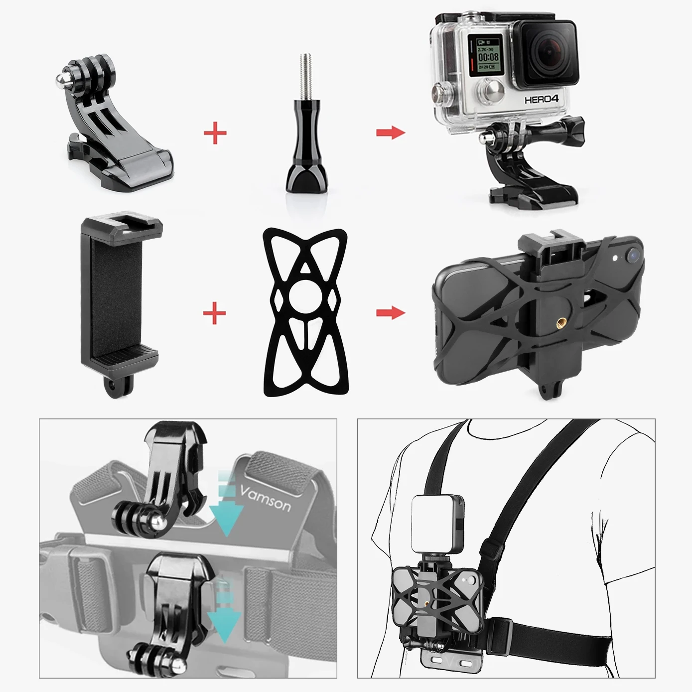 Vamson for iPhone 13 Chest Strap Belt Body Harness Phone Mount for Gopro Hero 10 9 8 Insta360 Dji Camera with Bluetooth Remote