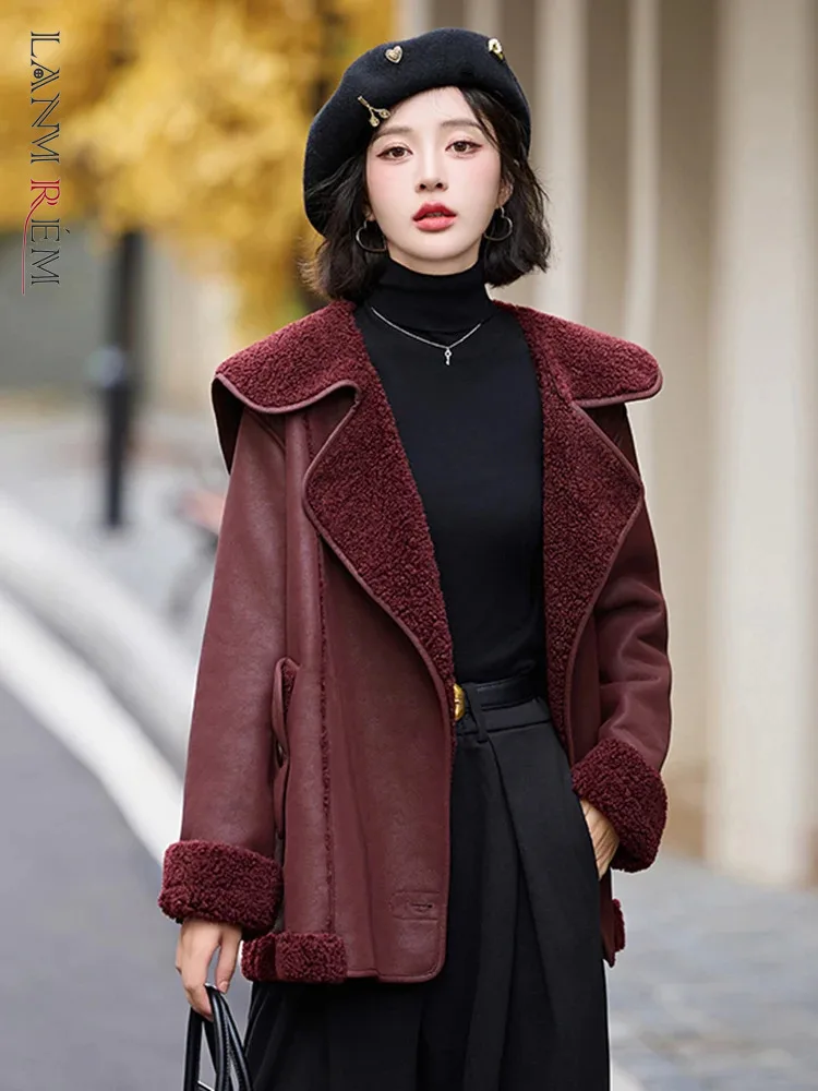 LANMREM Autumn And Winter Fashion Jackets Women Lamb Fur Leather Spliced Double Breasted Coat Causal 2024 New Clothing 2VV418