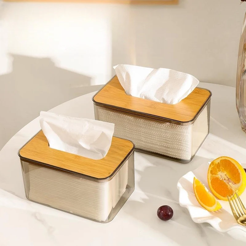 1Pc Bamboo Cover Tissue Box Transparent Tissue Holder For Home And Office Multifunctional Storage Box Simple Tissue Box