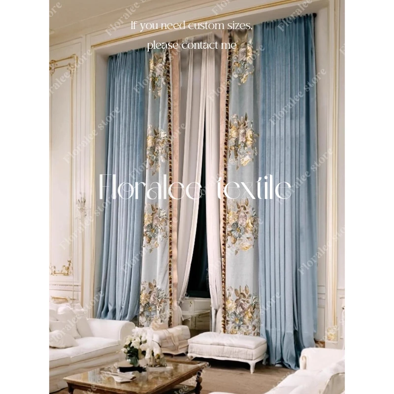 

Retro American Curtains New High-end European Style Large Flower Bedroom High-end Embroidered Velvet Blue French Pastoral Villa