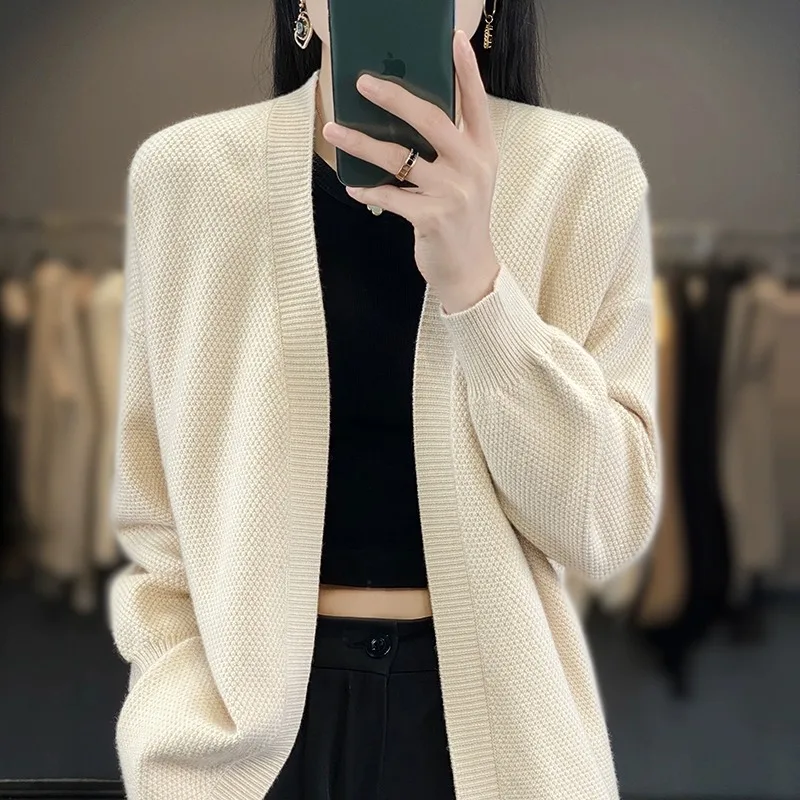レディース ゆったり カジュアル ニット カーディガン ミディアム丈 ウール セーター Vネック ロングスリーブ シンプル スタイリッシュ 通勤 ファッション アウター