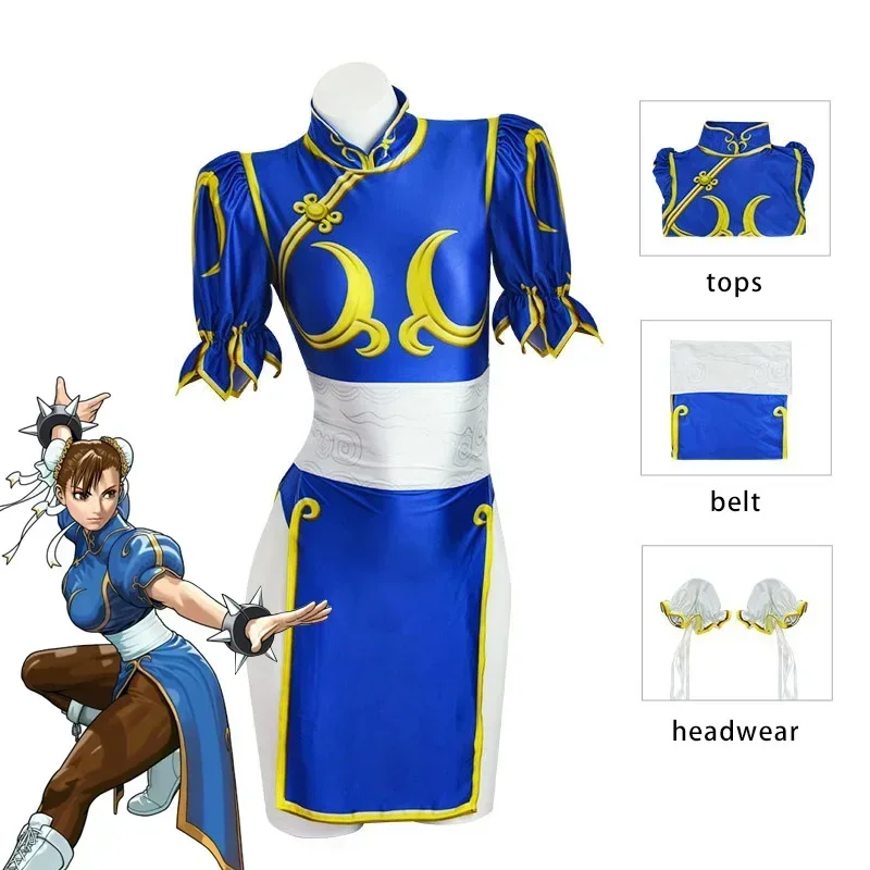 Costumes de cosplay Chun Li 2026, robe Cheongsam bleue Sutorito Faita, combinaison sexy pour femmes, accessoires de tête, tenue pour Halloween et carnaval
