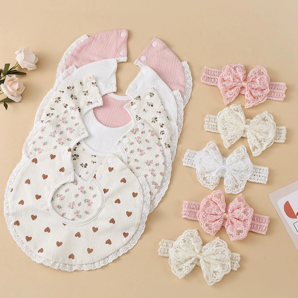 

2 комплекта хлопкового носового платка для новорожденных, детская хлопковая салфетка с кружевной окантовкой, узлы-бабочки, широкая повязка на голову, повязки на голову, платок, нагрудник