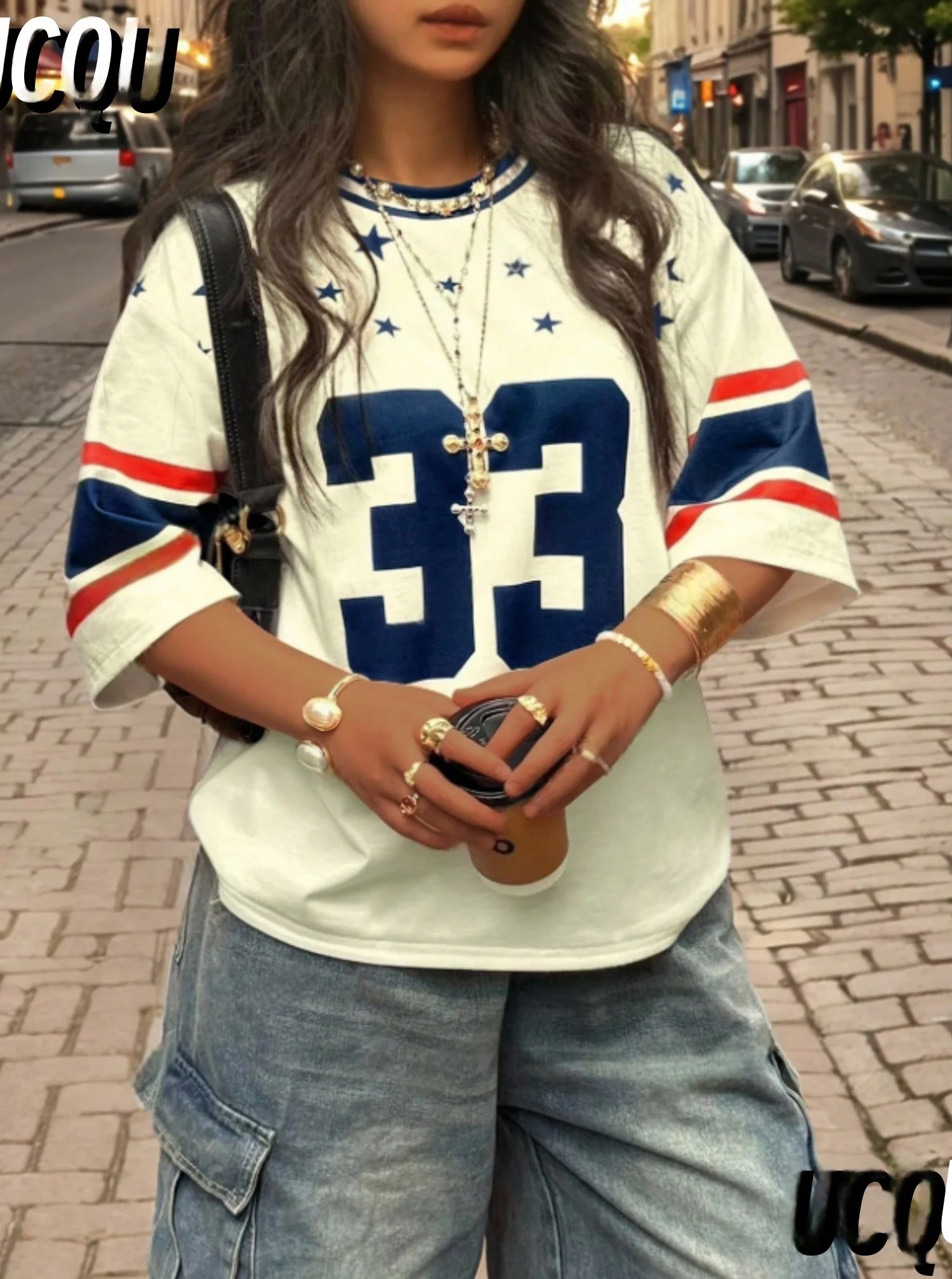 موضة عادية رقم 33 طباعة س الرقبة المرأة تي شيرتات قصيرة الاكمام الصيف عطلة تي شيرت البيسبول الفانيلة شريط المتضخم تي شيرت رياضي #1