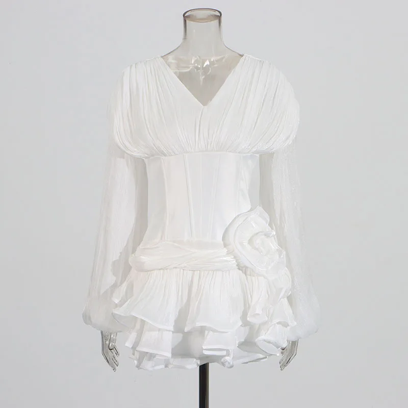 Alta qualidade flor folha de lótus borda vestidos primavera feminino mangas compridas decote em v vestido com zíper outono cintura alta em camadas mini vestido