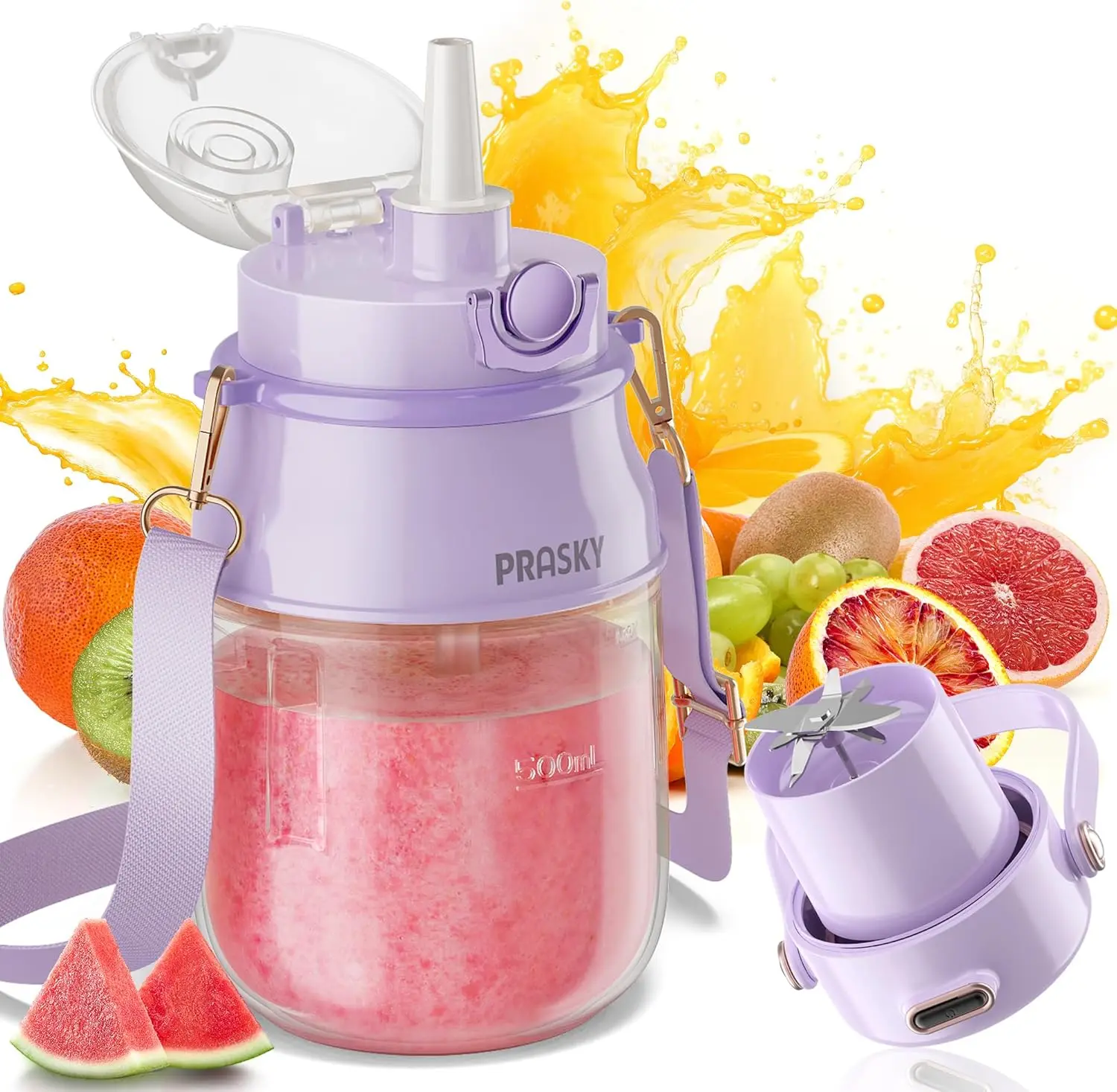 

Portable Blender 27oz USB-C Rechargeable Smoothie Maker with Lid & Strap, BPA-Free, Purple