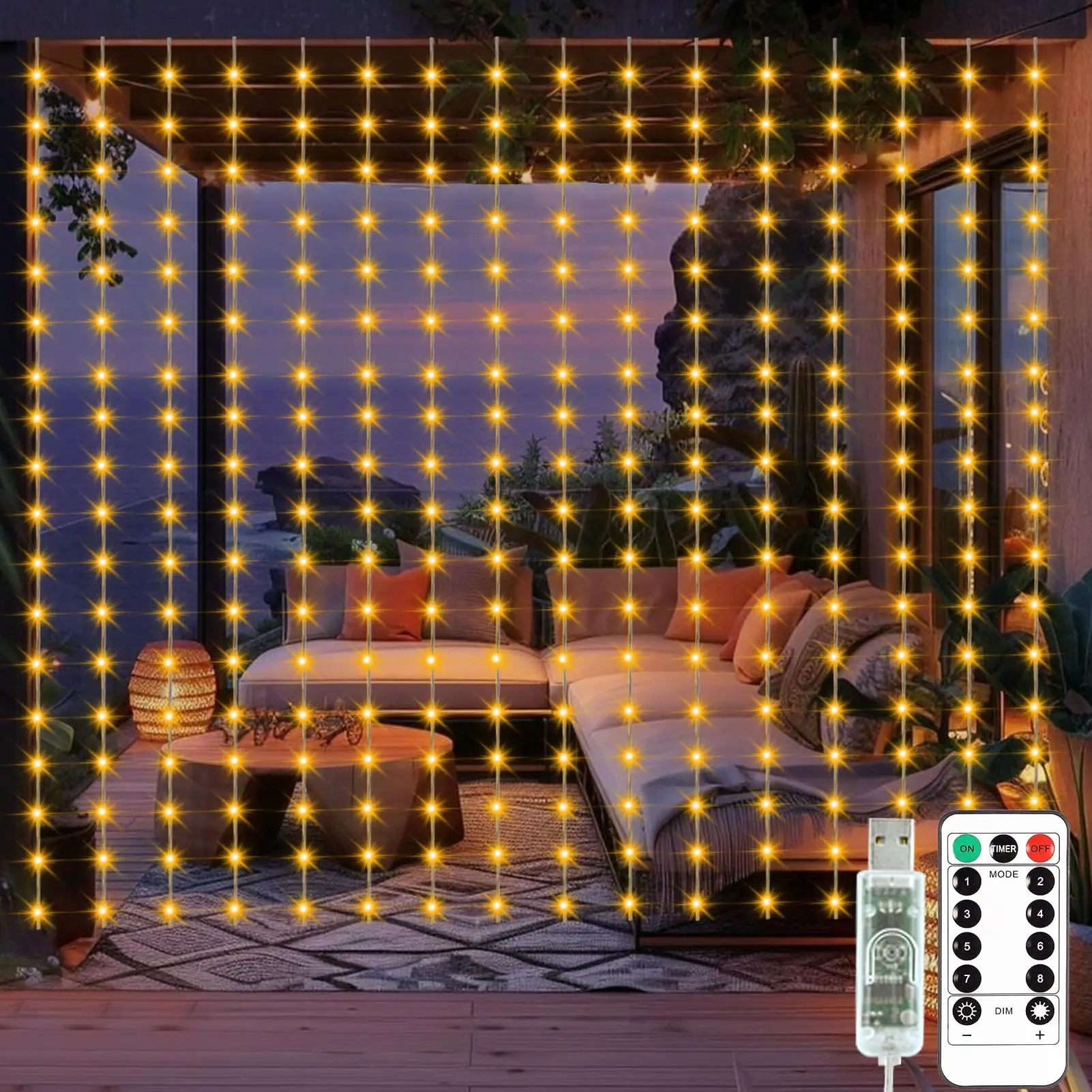 

Curtain Fairy Light LED Curtain Light USB Powered 8 Modes Outdoor Hanging String Light Waterproof for Backdrop Patio Christmas