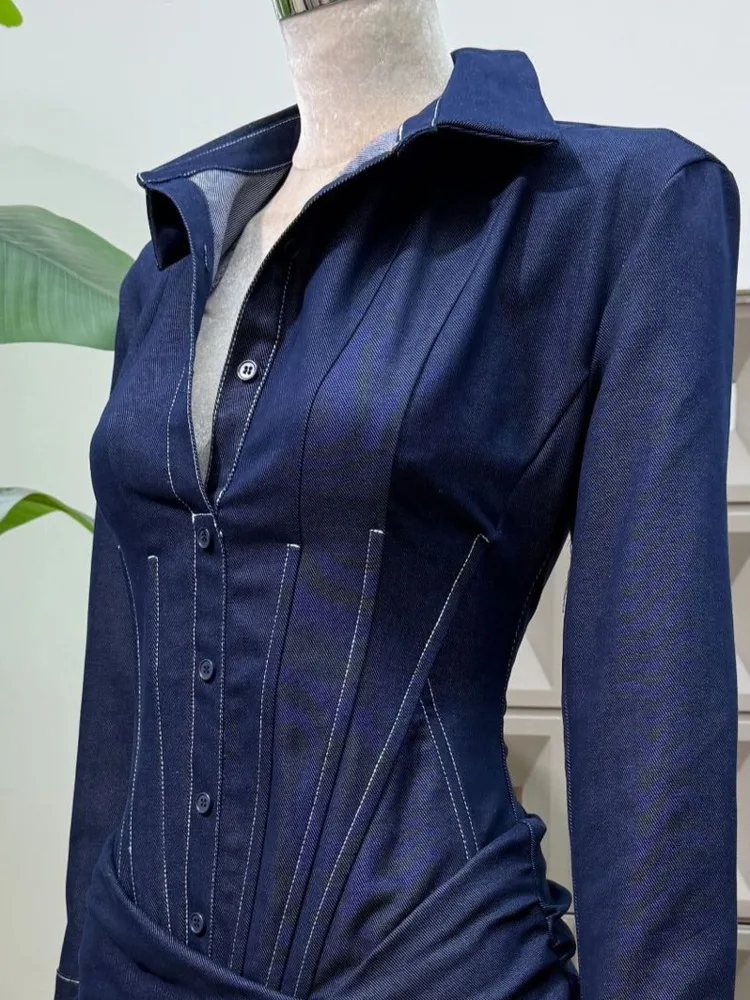 DFDG Abito da ufficio primavera estate 2025 da donna Denim Blu finto in due pezzi con vita disossata Abito camicia a tubino increspato Abito dal design artigianale