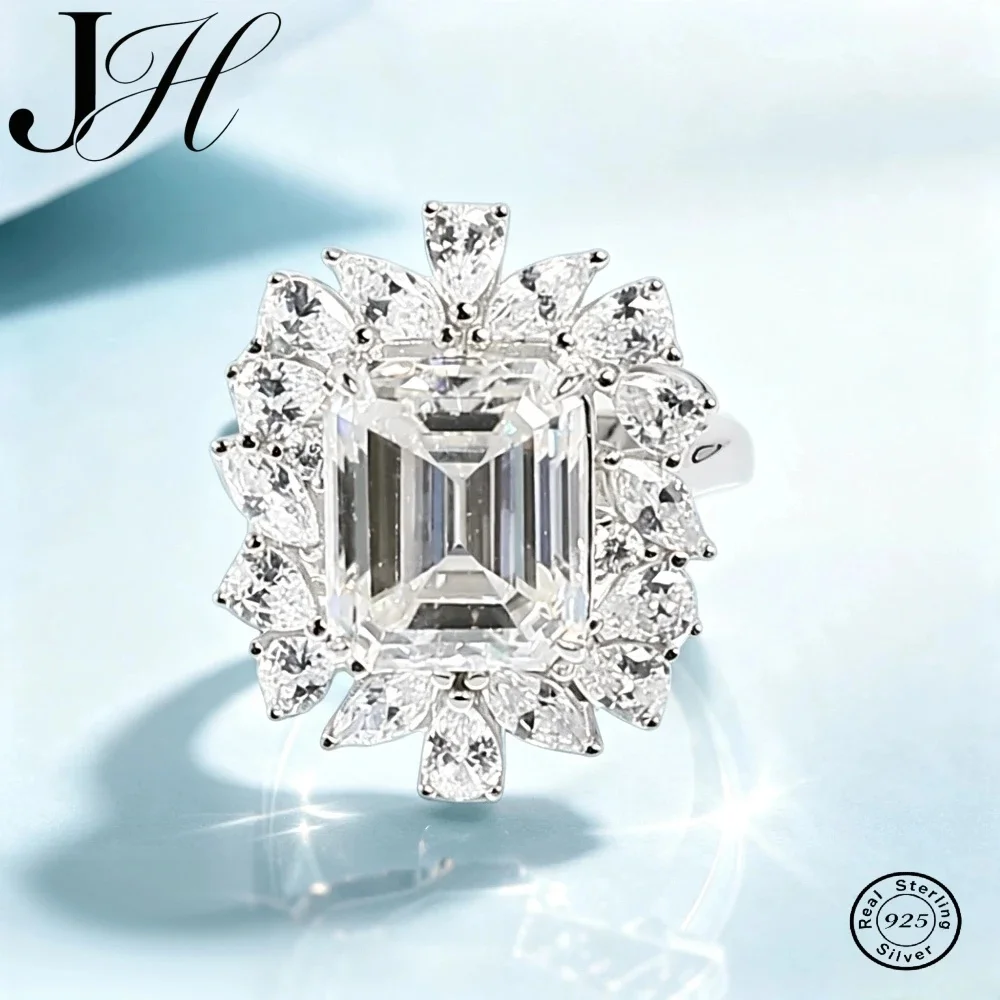 JoiasHome Moissanite Ring S925 Sterling Silver 8 Carat 10*12MM Emerald Cut Fashion Moissanite Ring For Women Men