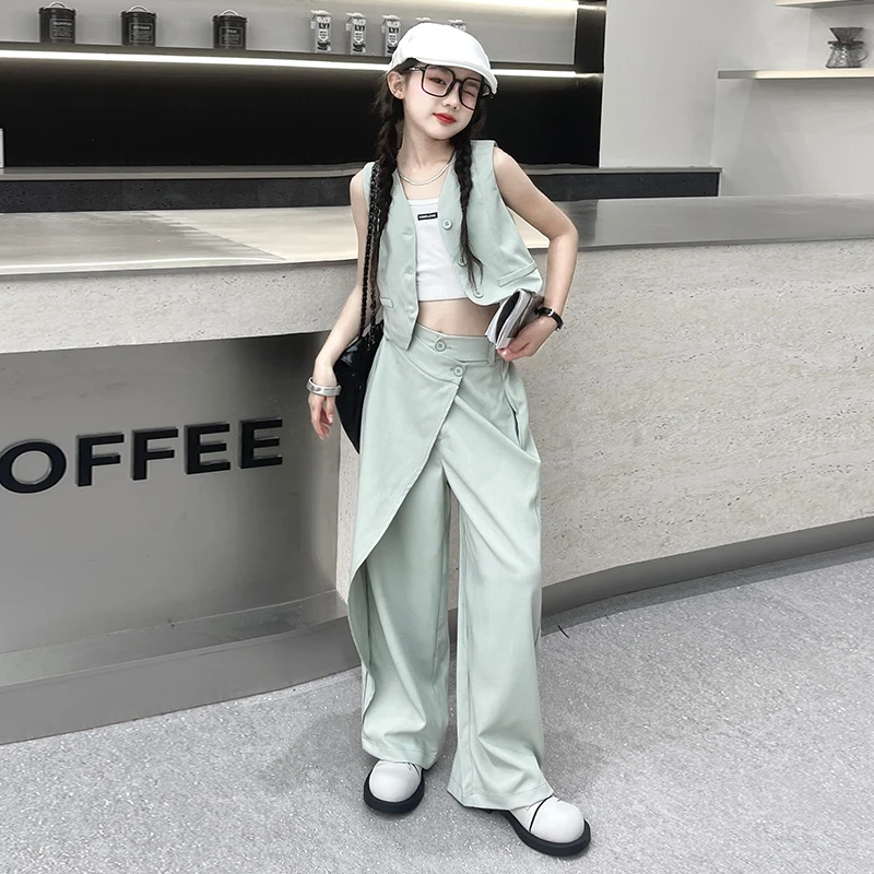 design junior girls Vest Irregular pants set cotton Sleeveless top+double waist wide leg pants 2pcs teen kids suit child outfits