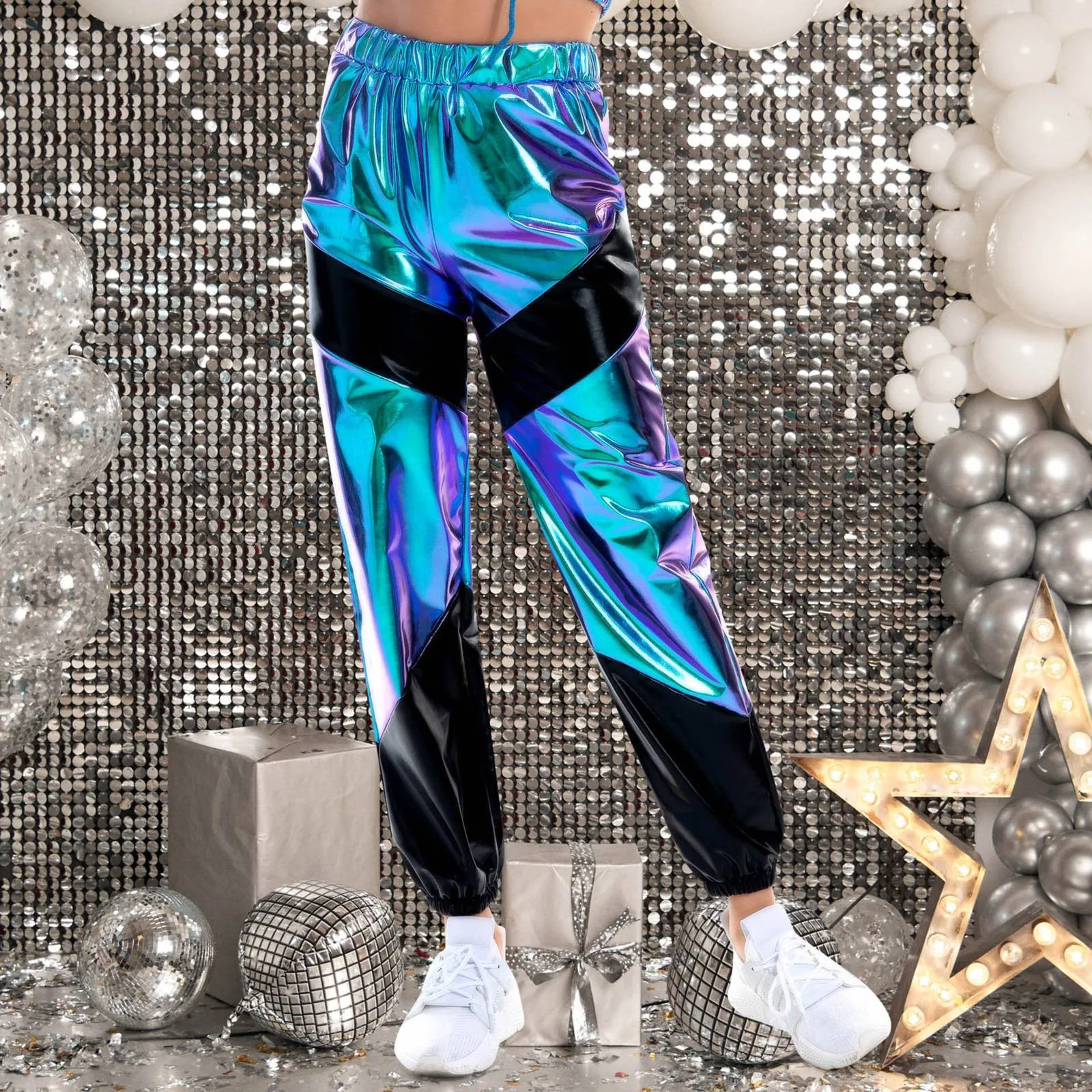 

Women Shiny Metallic Joggers Pants Festival Disco Pole Street Wear Dance Wear Sweatpant Hip Hop Trouser Holographic Clothes Rave