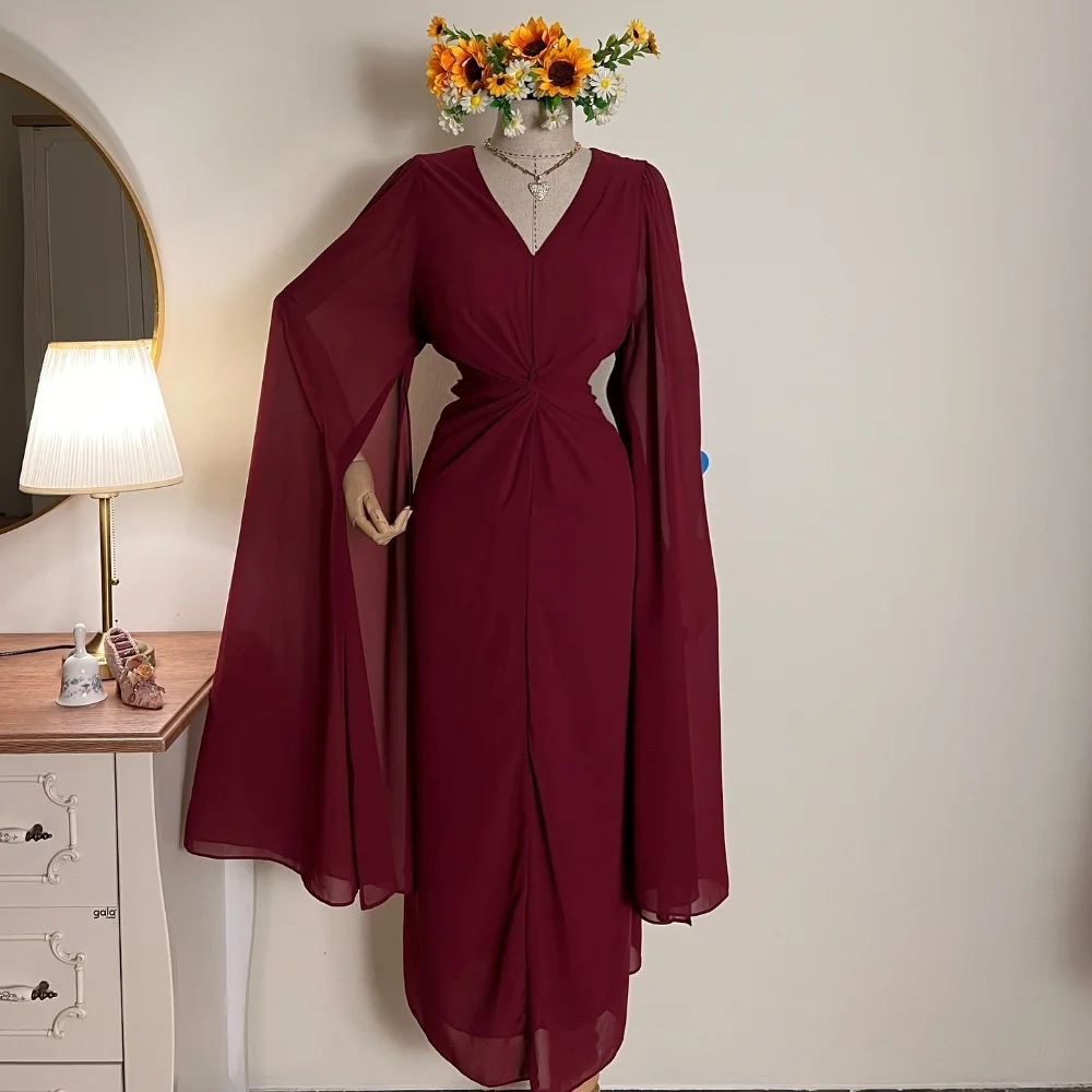 

Customized Sizes Available Simple Chiffon Pleat Ruched Straight V-neck Long Dresses Bespoke Occasion Dresses Chinese Style Retro