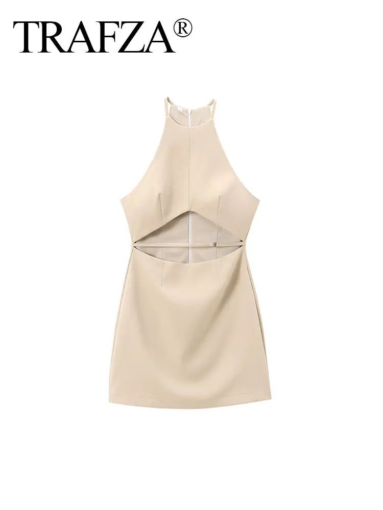 TRAFZA 2024 Letnia moda damska Sukienki khaki Bez rękawów O Neck Halter Neck Slim Krótkie sukienki Vintage Elegancka kobieca sukienka