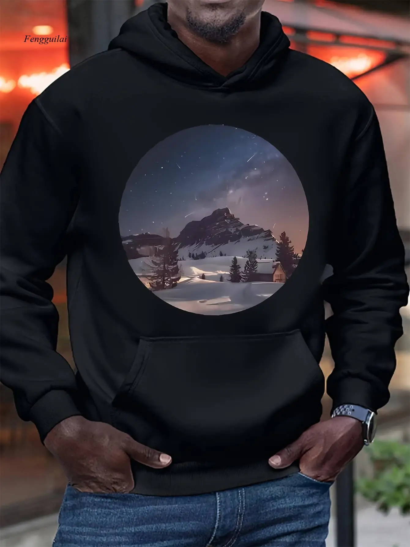 เสื้อสเวตเชิ้ตลายภูเขาหิมะกลางคืน ลายภูมิทัศน์เชิงวรรณกรรม เสื้อฮู้ดลำลอง มีฮู้ดแบบกระเป๋าจิงโจ้