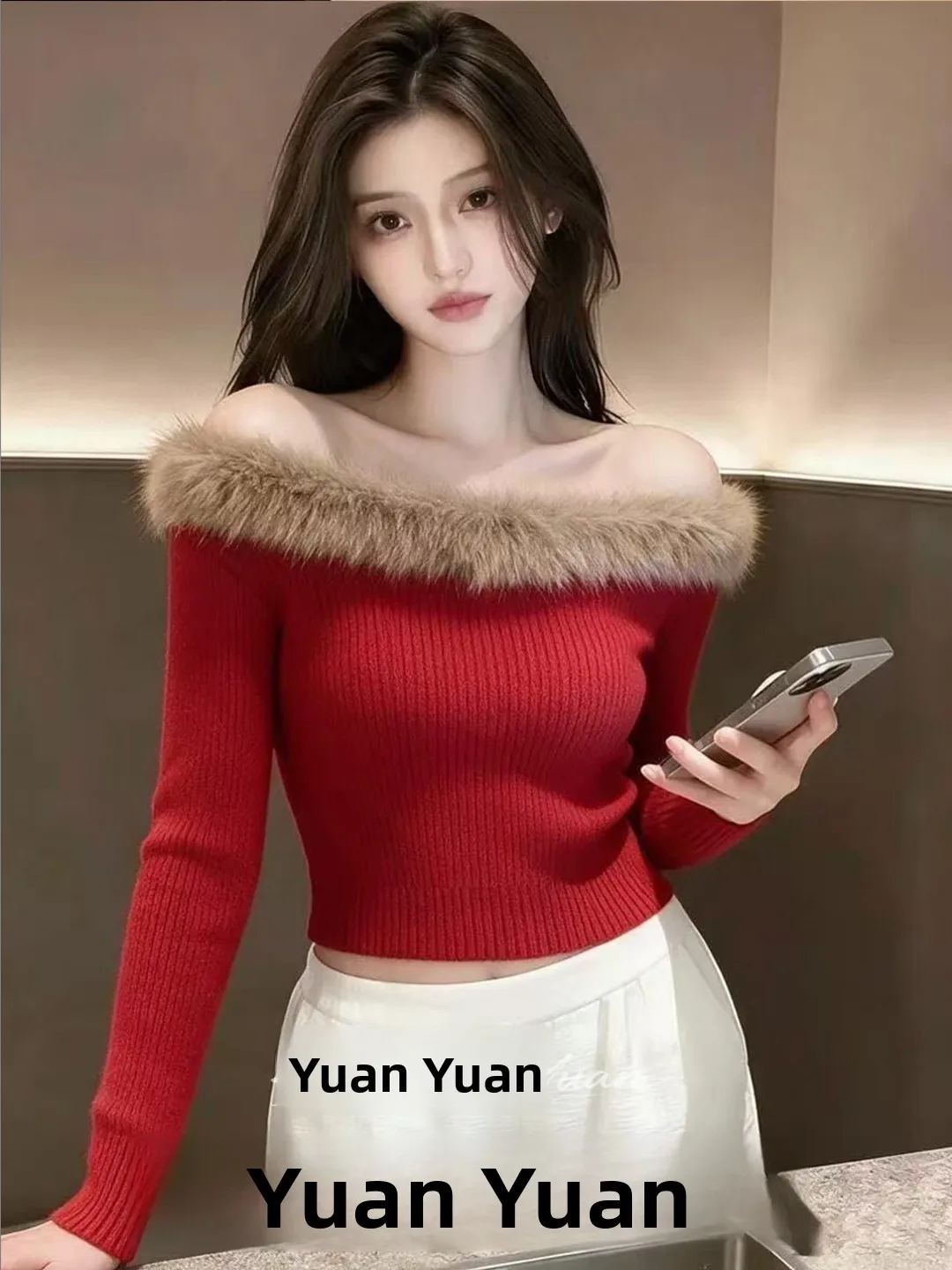 Red One-Shoulder Knitted Sweater Long Sleeve Slim Fit Short Style Autumn Winter Fashionable Base Layer Furry Collar Top for W...