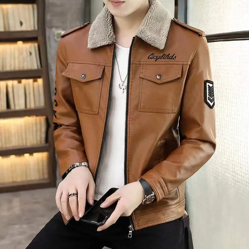 

Male High-End Lapel Leather Coat Men Fashion Embroidery Slim-Fit Biker Leather Jacket Winter Casual Large Size Thicken Outwear