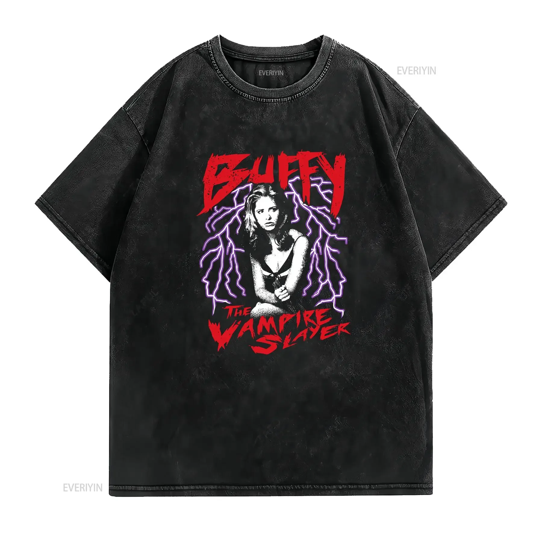 Buffy The Vampire Slayer off shoulder graphic Charcoal T shirt NH18672 vintage Washed Versatile Stretched Top For Everyday Wear