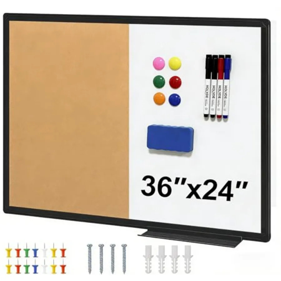 

Комбинированная доска: пробковая и магнитно-маркерная, 36x24 дюйма, с черной алюминиевой рамкой, доска для заметок и объявлений