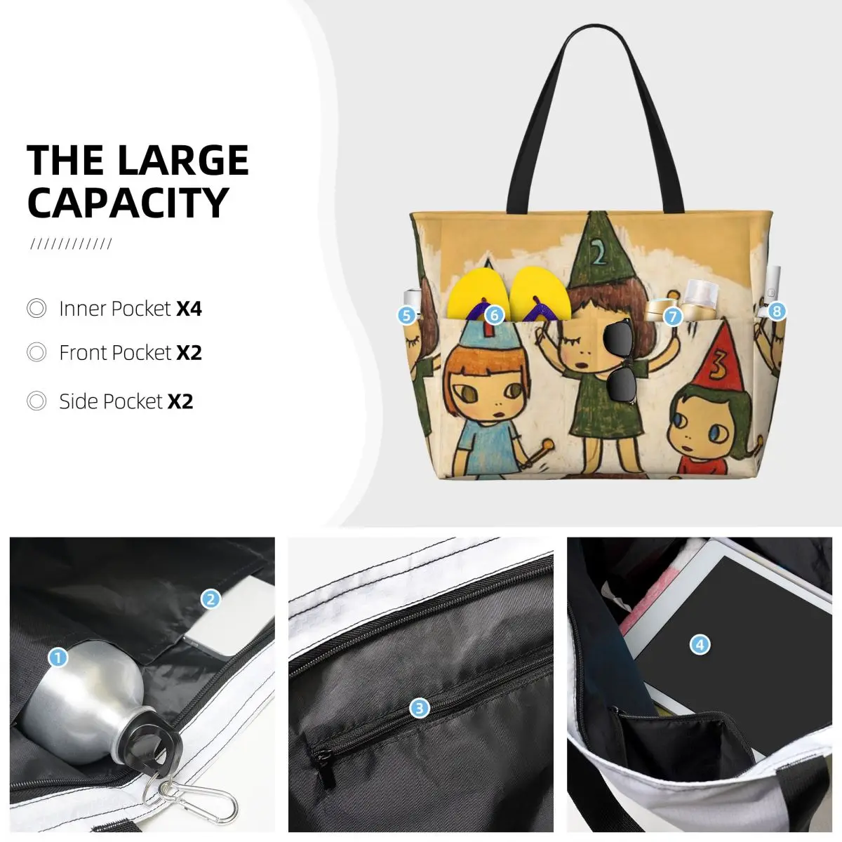 재미있는 요시토모 나라 비치 토트 백 스포츠 체육관 요가 더플 대형 토트 백 여성 여행 가방 피트니스 가방