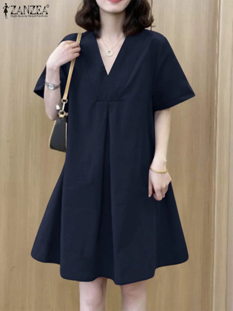 ZANZEA Frauen Sommer Mini Kleider Mode V-ausschnitt Kurzarm Solide Sommerkleid Casual Plissee Vestido Elegante Arbeit Kleider Oversize