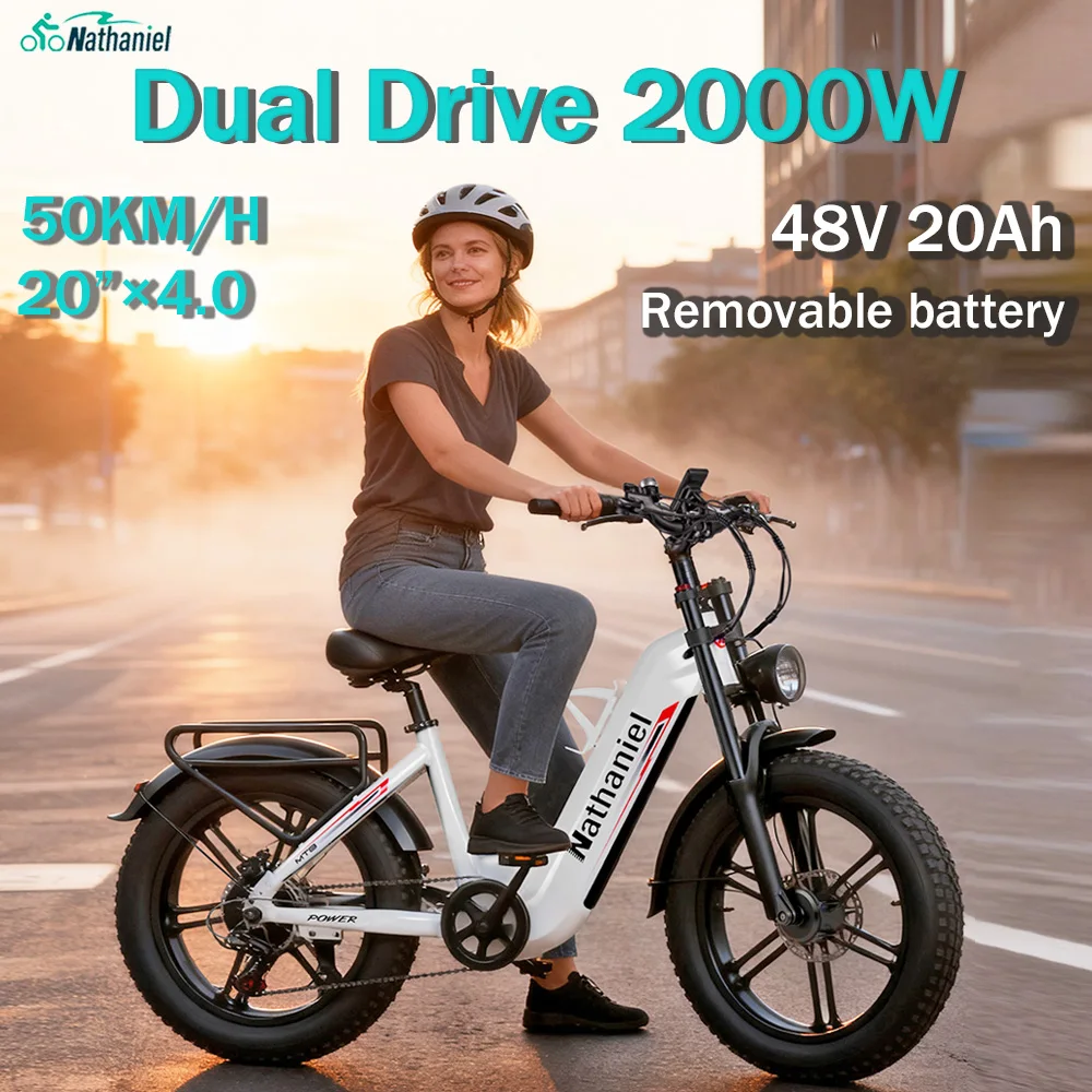 

Nathaniel SYR08 Adult Electric Bike, 2000W Dual Motor, 20”*4.0 Fat Tire Integrated Wheel, 50km/h, 48V20Ah, City Commuter Bicycl
