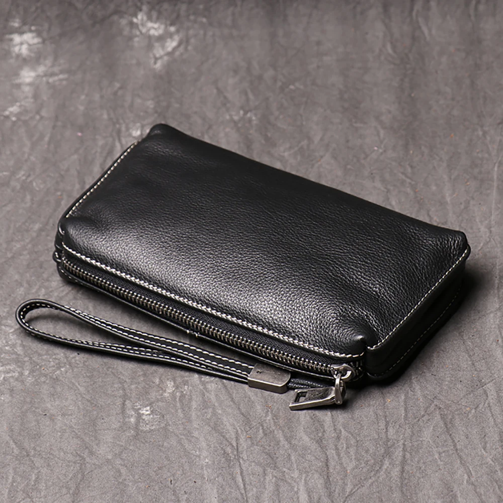 LUOKIR-Bolso de mano de cuero genuino de alta calidad para hombre, cartera larga Vintage de gran capacidad, tarjetero Simple para teléfono