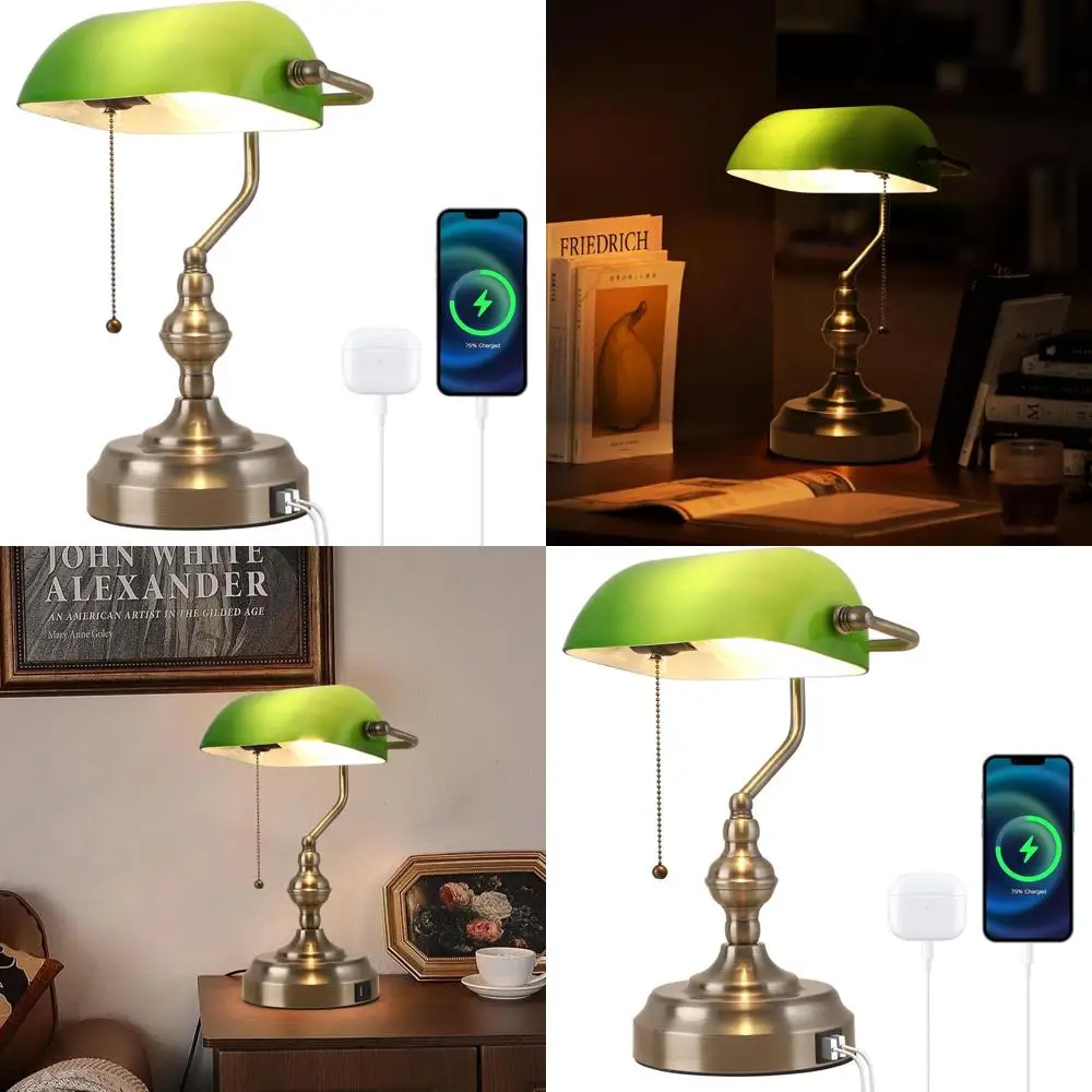 

Настольная лампа в антикварном стиле с USB-портом, зеленым абажуром и выключателем на цепочке для дома или офиса