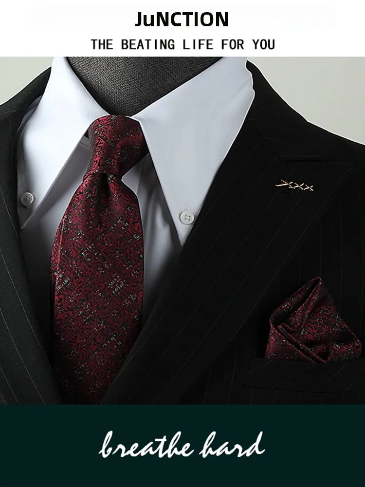 新郎結婚式用ネクタイ-メンズ-ダークレッド-高級ビジネスフォーマル-ハンドメイド-8cm-紳士祝賀用スクエアスカーフセット