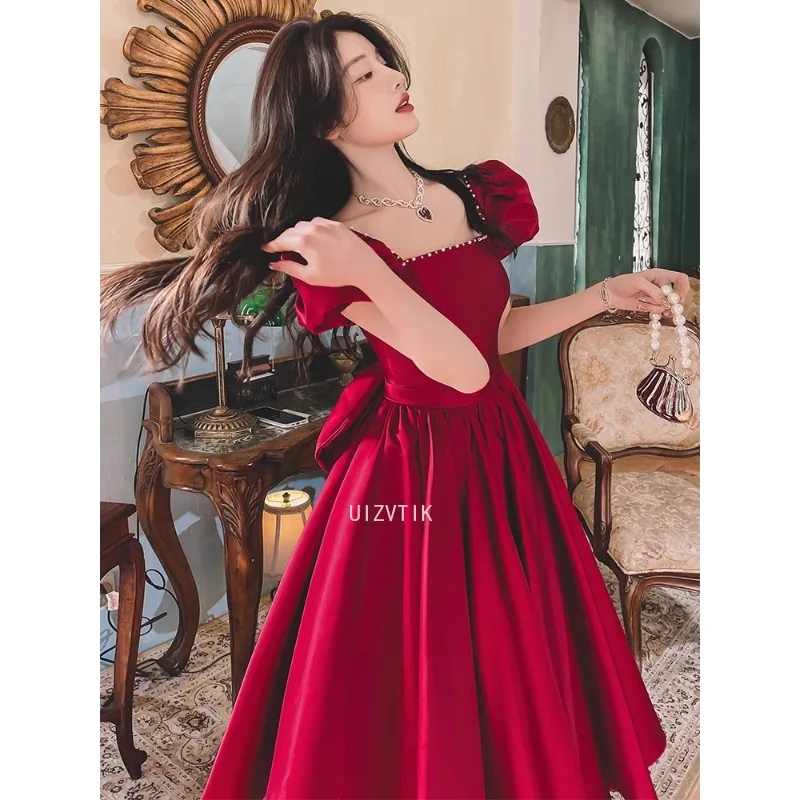 2025 Vrouwen Zomer Elegant Off Schouder Rode Feestjurk Vrouwelijke Vintage Bladerdeeg Mouw Hoge Taille Trouwjurk Dame Lange Jurk Boog