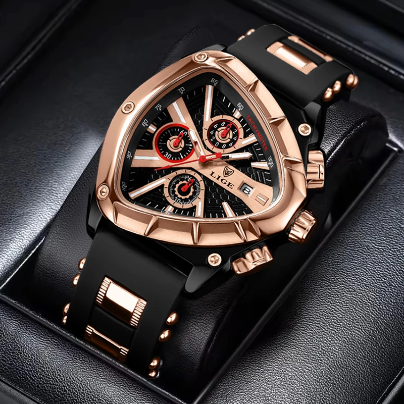 ساعة LIGE الرياضية الفريدة للرجال، ساعات كوارتز مقاومة للماء من السيليكون للأعمال، كرونوغراف مضيئة، هدايا للرجال