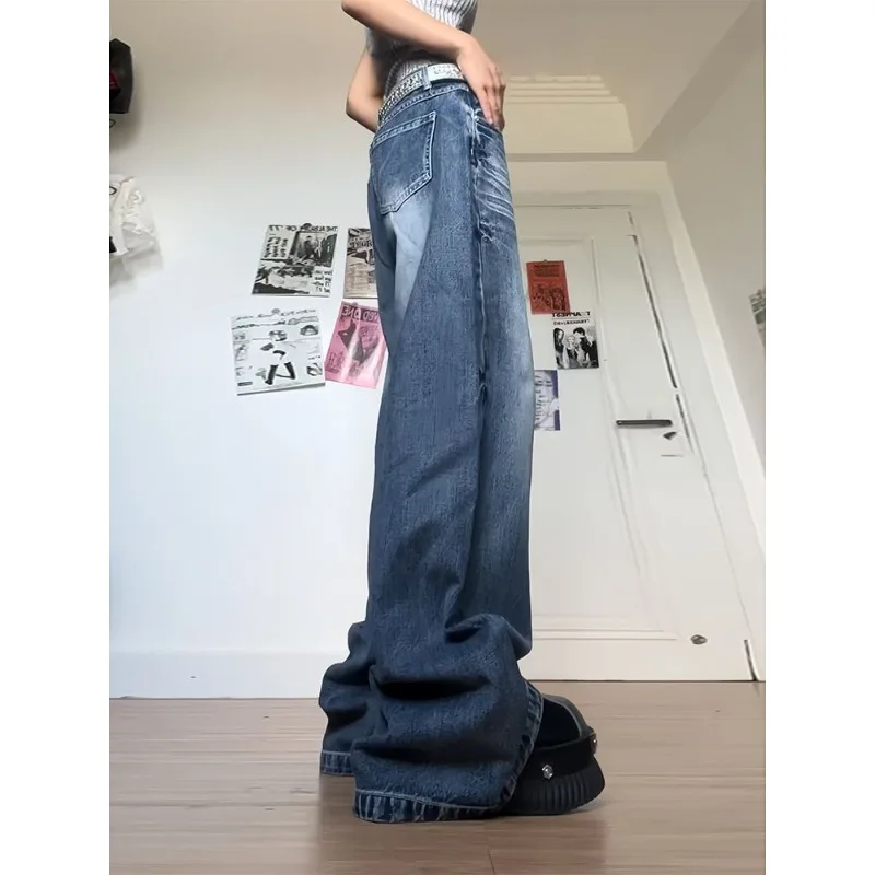 الأمريكية الرجعية شارع العليا واسعة الساق الجينز المرأة الصيف جديد عالية الخصر التخسيس فضفاض الطابق طول مستقيم الساق السراويل