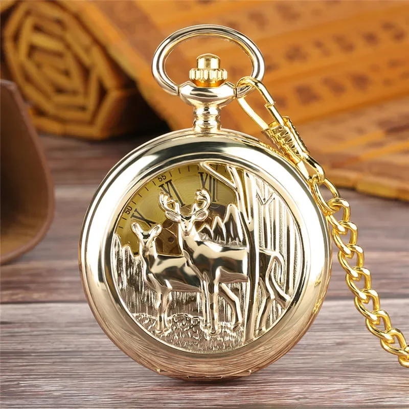 

Vintage Style Double Hunter Mechanical Hand Wind Pocket Watch for Men Women Hollow Elk Case Pendant Necklace Chain Gift