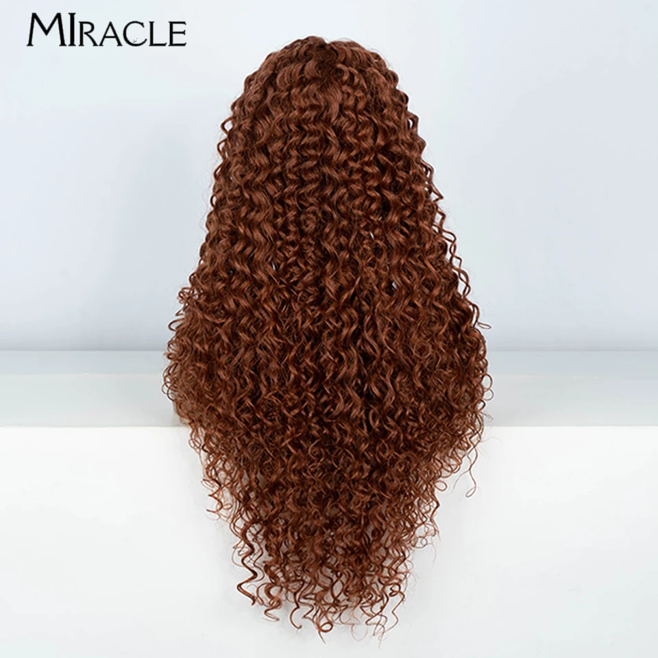 MIRACLE Afro Wig keriting Wig renda sintetis coklat untuk wanita Wig Cosplay gelombang air 30 inci tahan panas rambut palsu panjang bergelombang