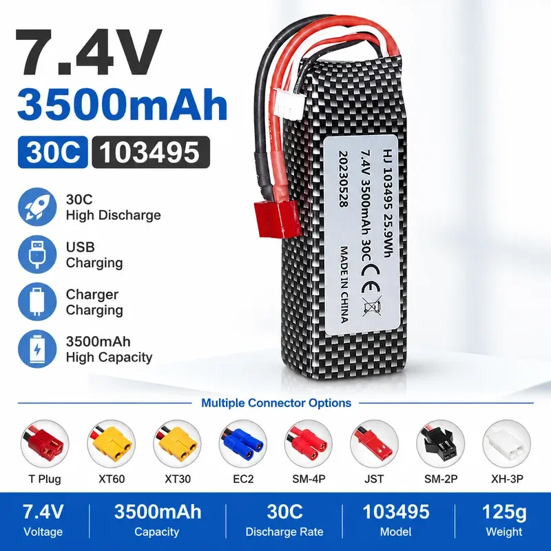 7.4V 3500mAh 30C Lithium Battery for Weili 144001 124018 124019 RC Car Model Replacement Power Pack High Discharge Rate