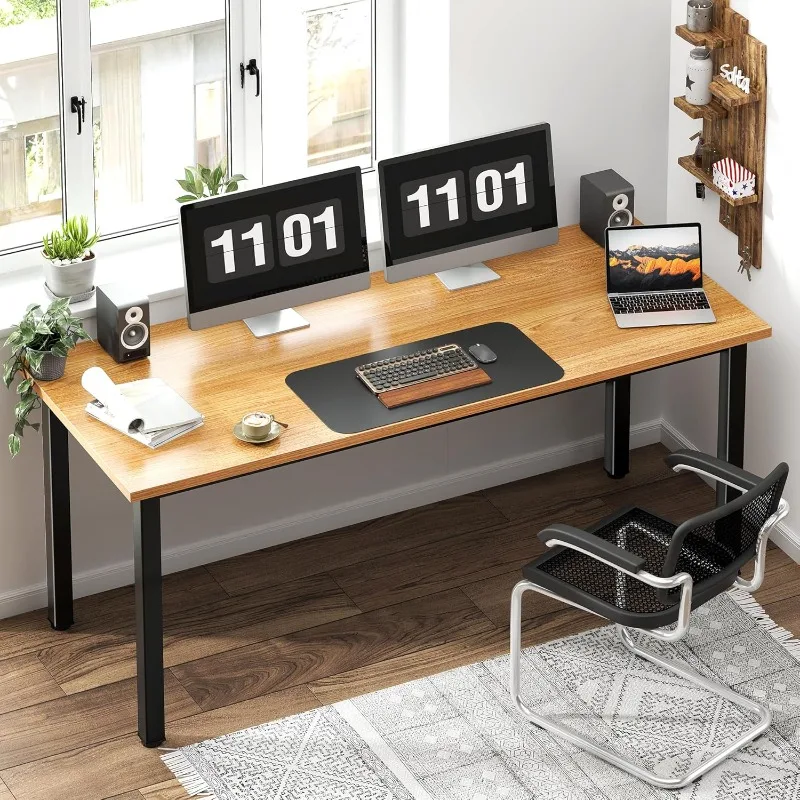 63 Inch Large Computer Desk - Modern Simple Style, Basic Writing Table for Study Student, Black Metal Frame, Teak