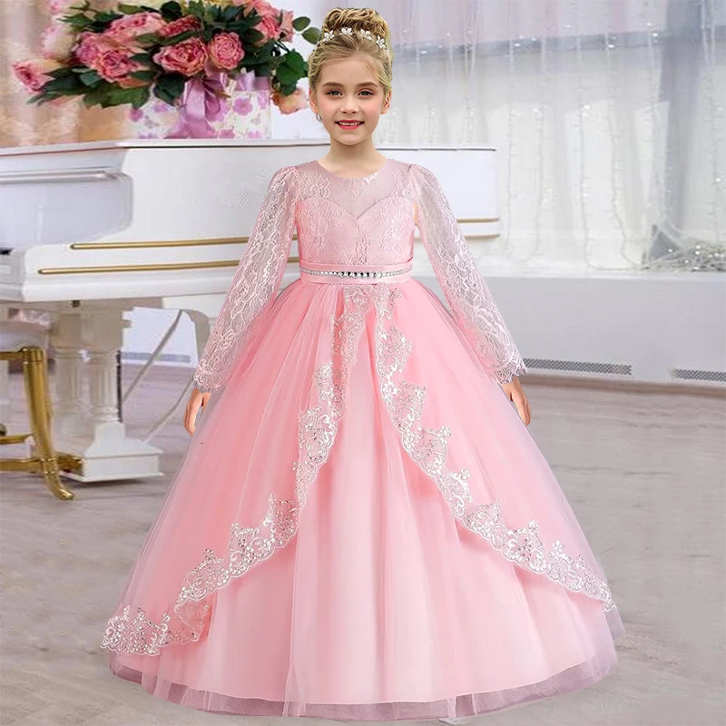 Girls\' New Long Sleeve Sequin Lace Long Dress Birthday Graduation Party Girls\' Wedding Dress Prom Evening Dress 4-12 Years Old