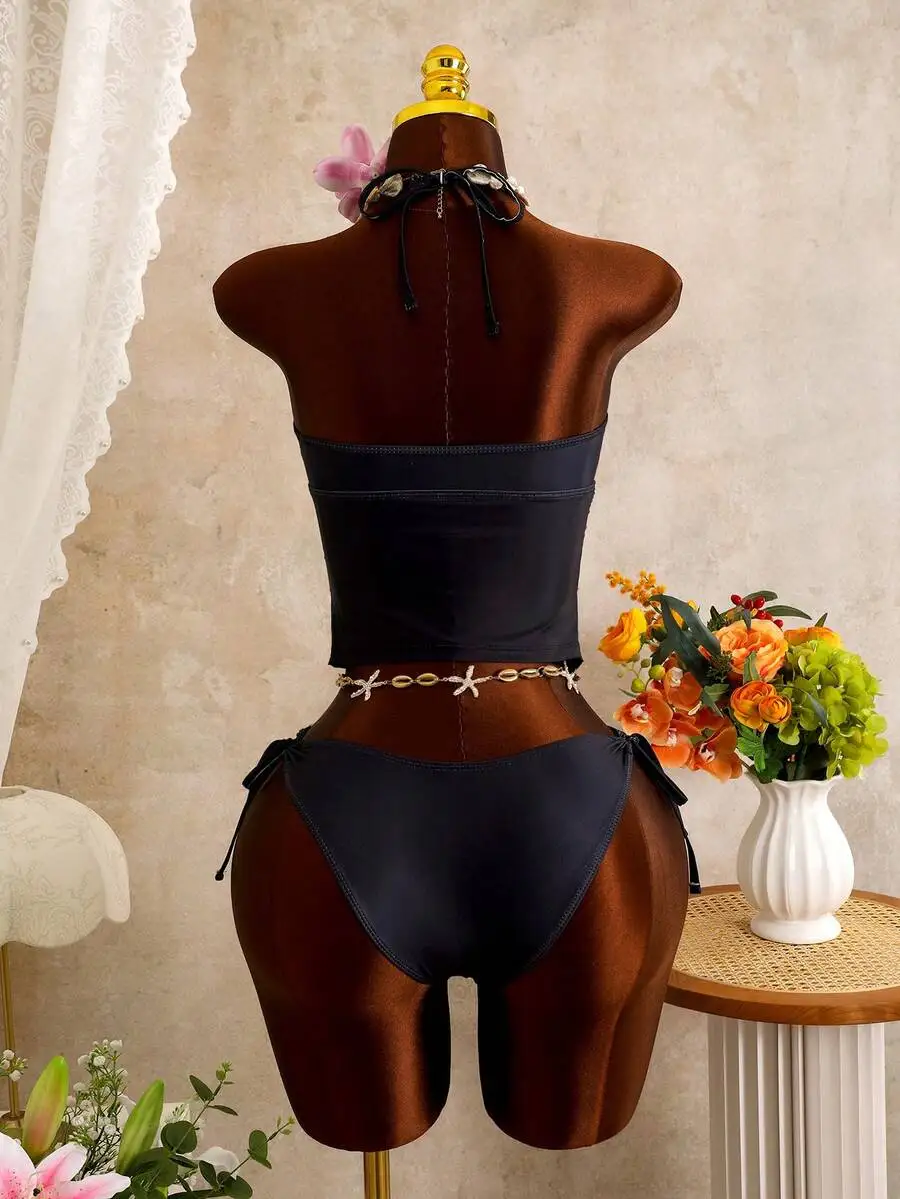 

Womens Black Ruched Tie-Waist Backless Camisole Bikini Set With Side Tie Bottoms