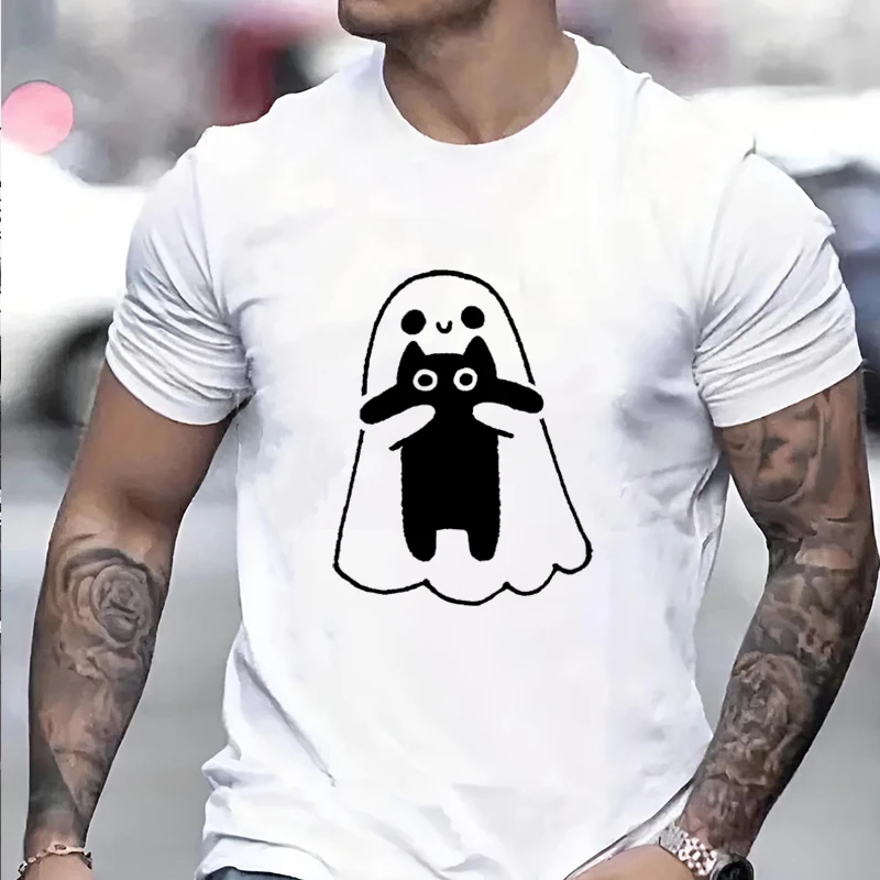 

Cartoon Ghost Kitten Print Men Woman T-shirt Casual Loose Graffiti Couple Tee Classic Street Harajuku Funny Large Size Clothing