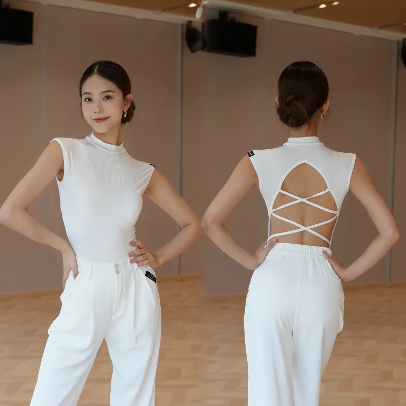 

Платье для латинских танцев по индивидуальному заказу, тренировочный наряд, обучающий класс, униформа без рукавов с резьбой, небольшой топ с высокой горловиной и открытой спиной для женщин