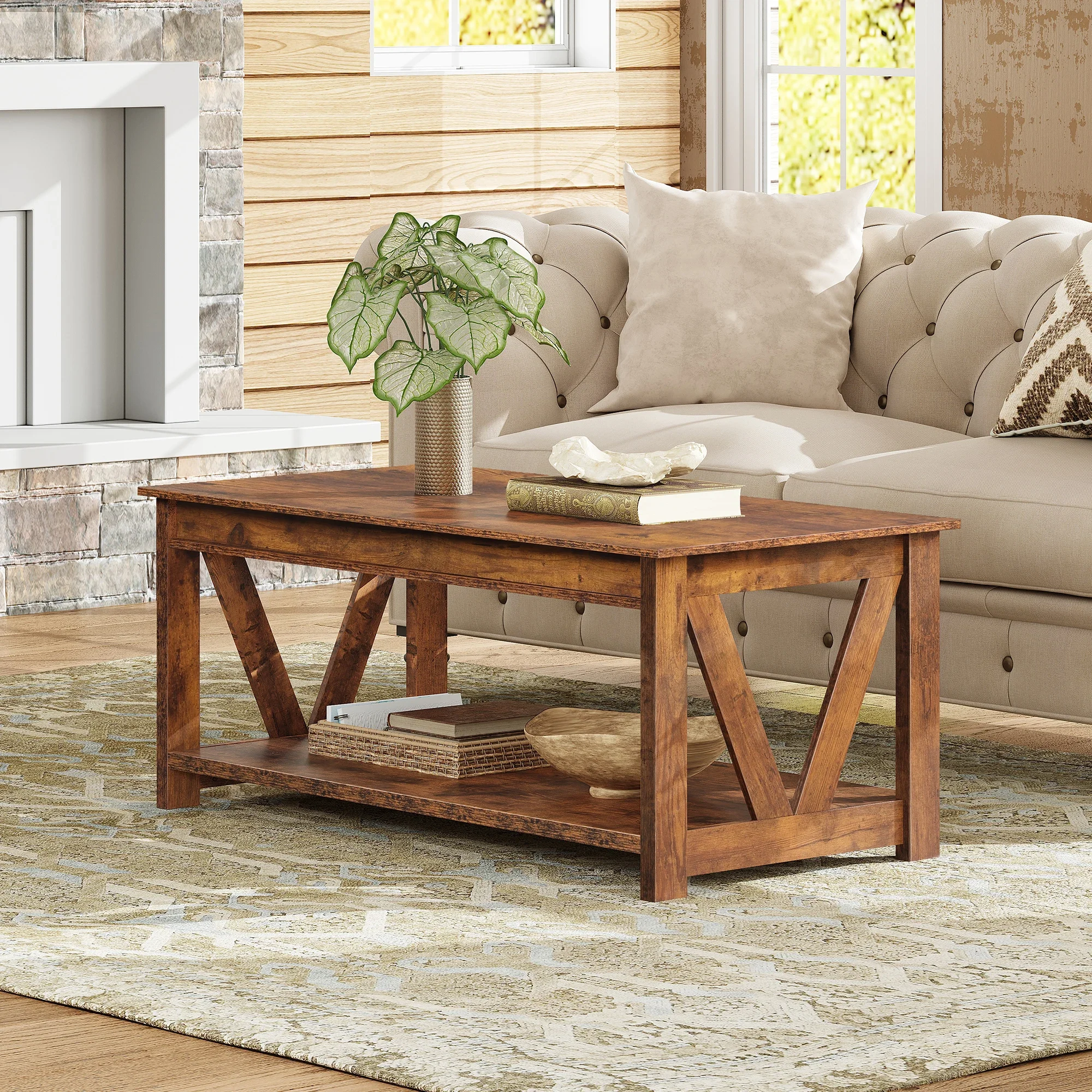 # Coffee Table, 43.3 Inch Farmhouse Table With Storage, Rustic Brown Rustic Wood Grain, V-Shaped Side Support, Wipe-Clean Coated