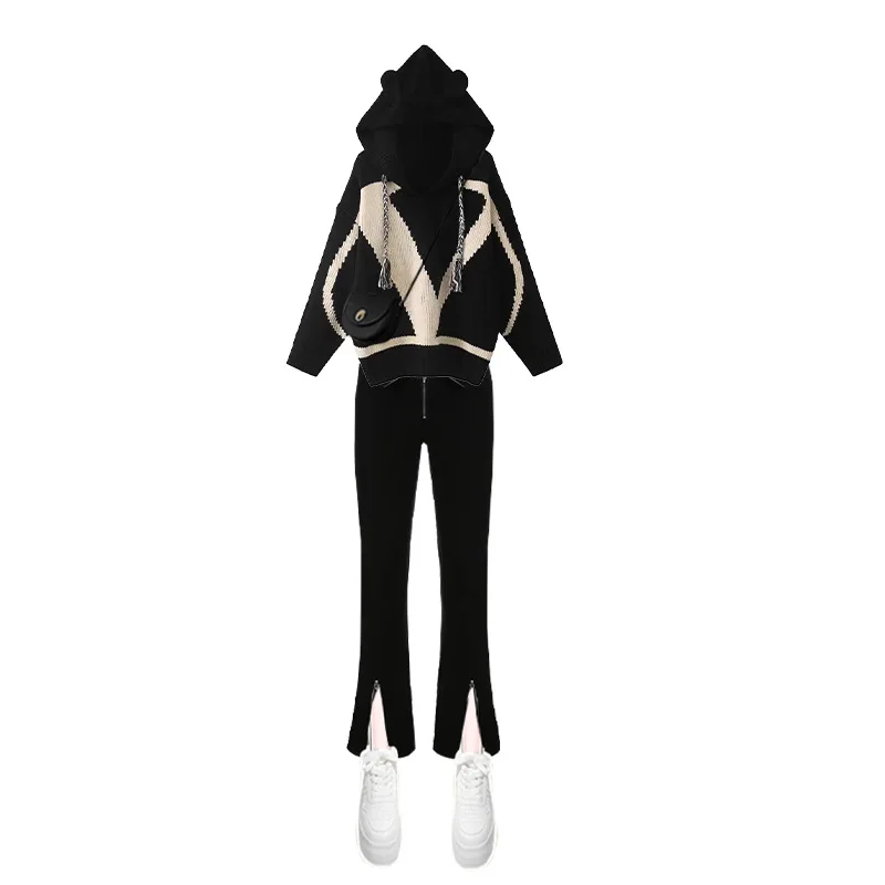 2024 Spring New Slim Fit High Waisted Split Women's Pants and Knitted Hoodie Two-piece Set of Korean Fashion Casual Pants Set