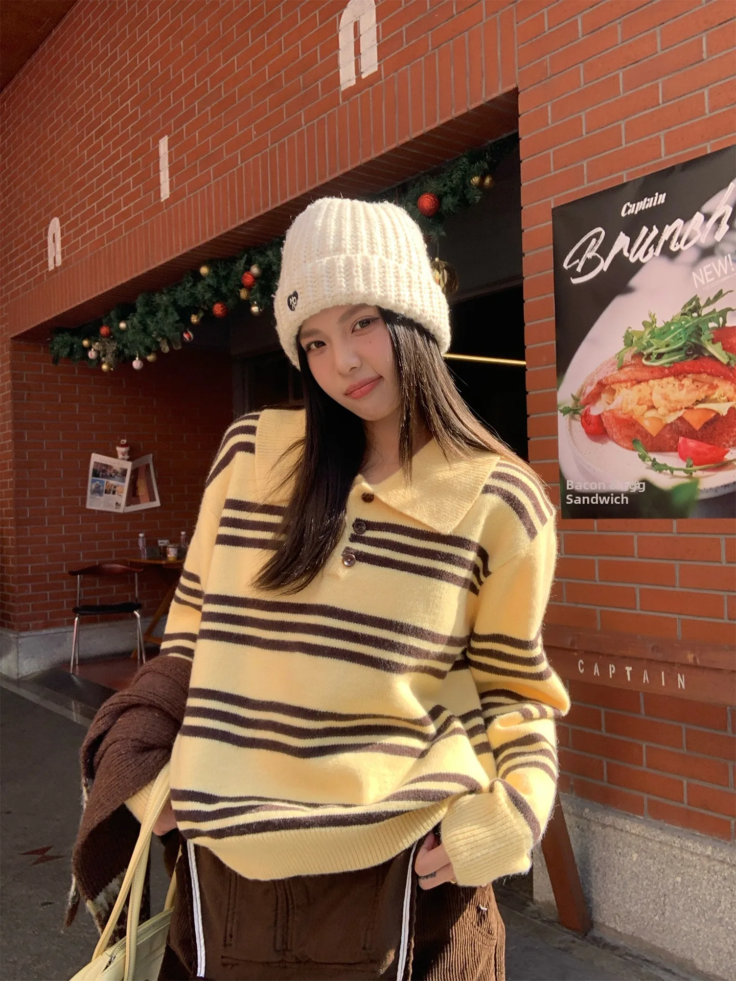 

Loose Knitted Sweater Women's Winter New Sle Retro Striped Turn-down Collar Comfortable Soft Korean Sle Sos Length Sweater