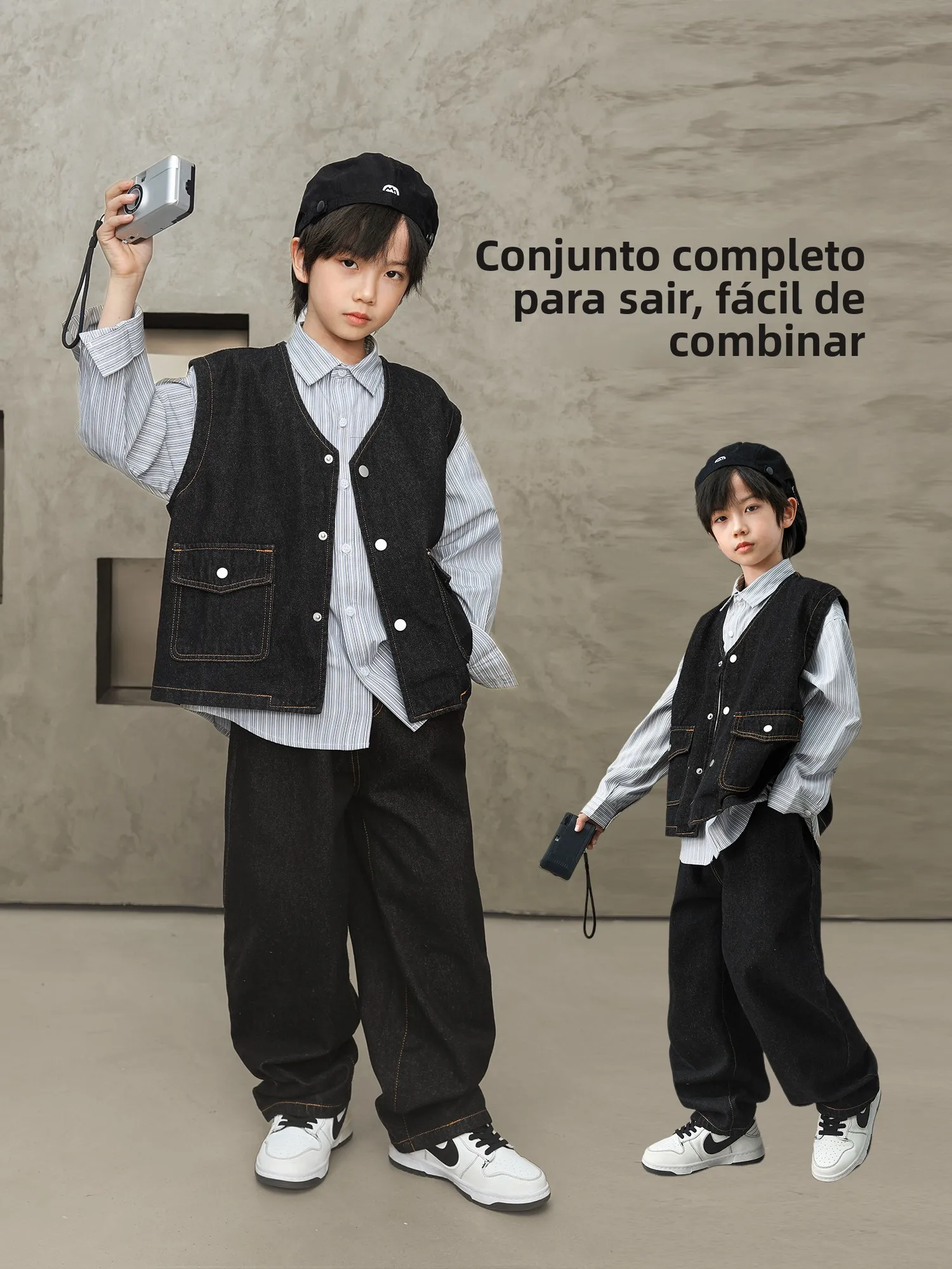 ルソン-ボーイズ-カジュアル-デニムベスト＆パンツセット-春の新作-子供服-快適で通気性のある軽量3ピーススーツ